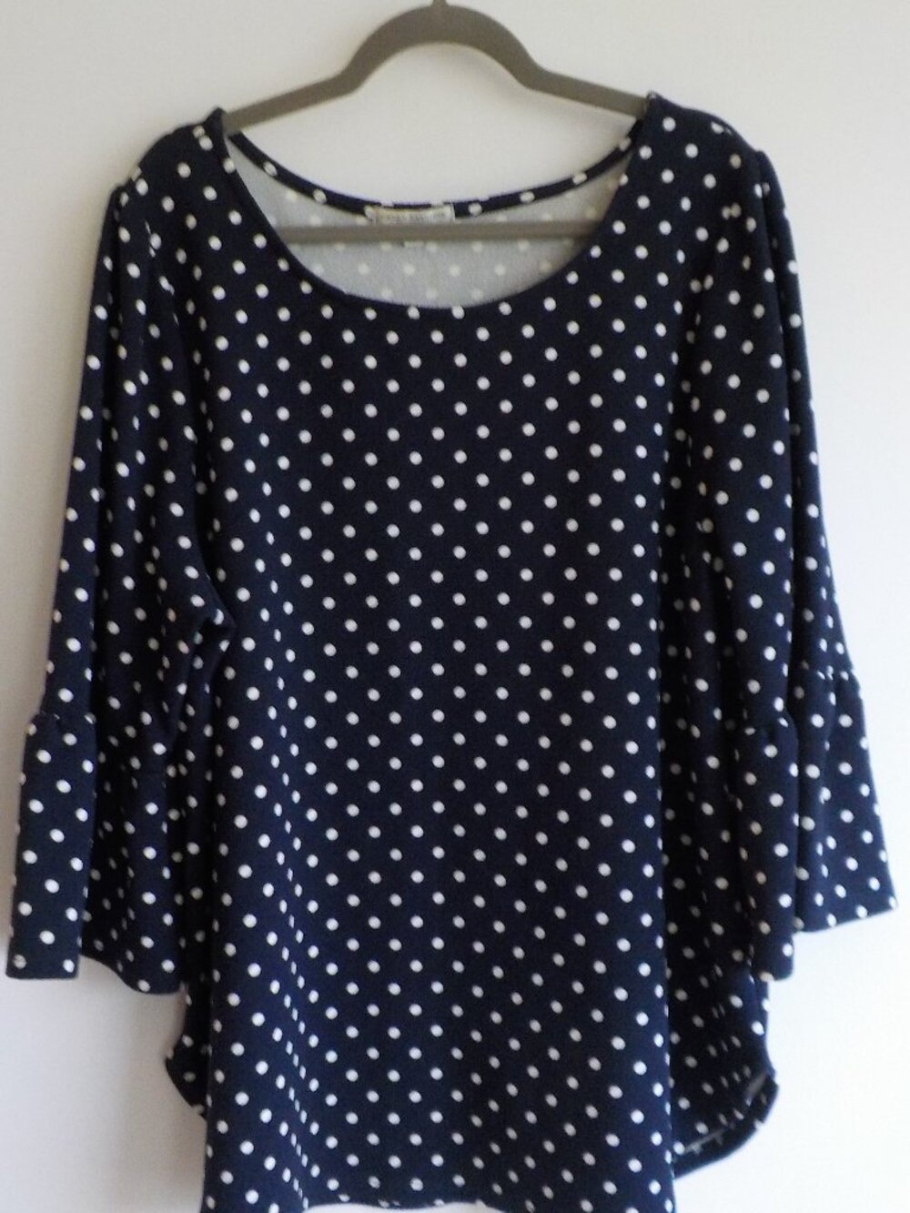 Green Envelope Blouse Top - Size 2X - Blue White Polka Dot Ruffle (776)